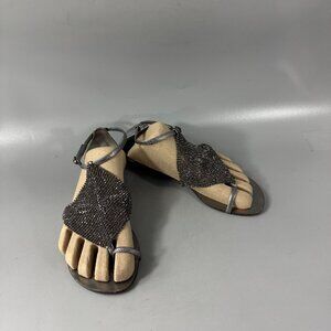LOLA CRUZ "Luanda" Silver Swarovski Diamond Mesh Thong Sandals, Size 36